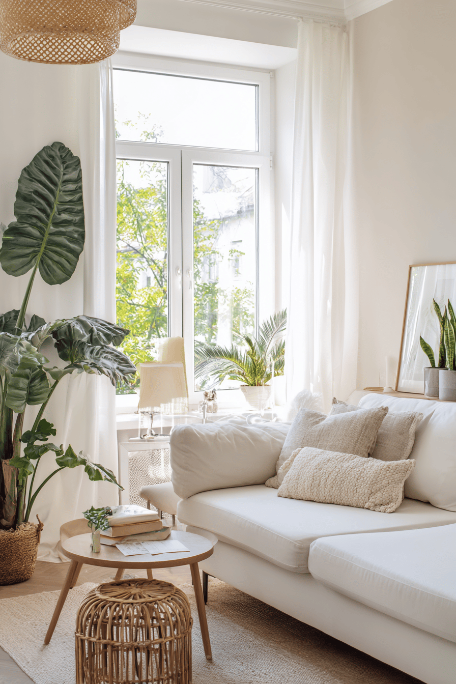 Helles Wohnzimmer mit beiger Wandfarbe, weißen Möbeln und grünen Pflanzen