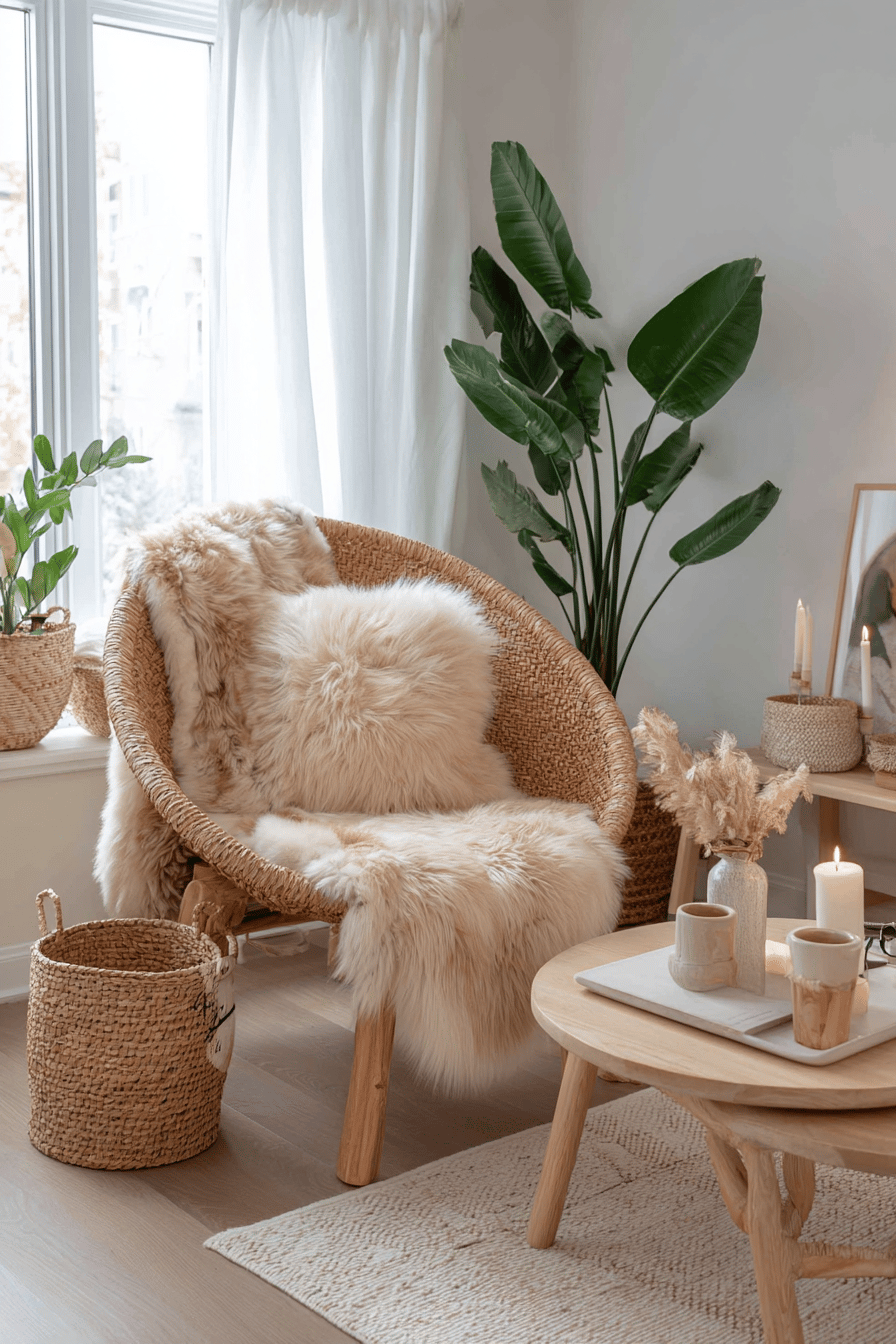 Skandinavischer Sessel mit beigem Kunstfell und Kissen, umgeben von Pflanzen und Naturmaterialien