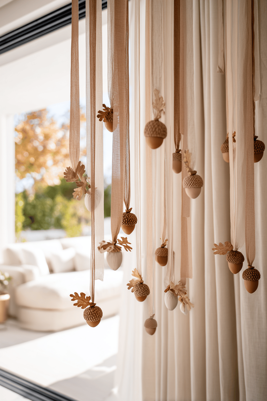 Eicheln an transparenten Bändern als herbstliche Fensterdeko