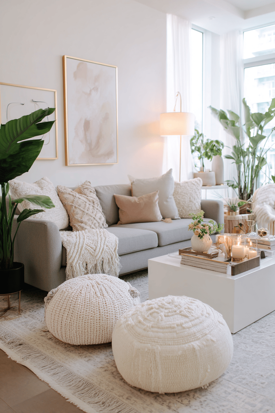 Gemütliches Wohnzimmer mit grauem Sofa, cremefarbenen Poufs und weichen Textilien