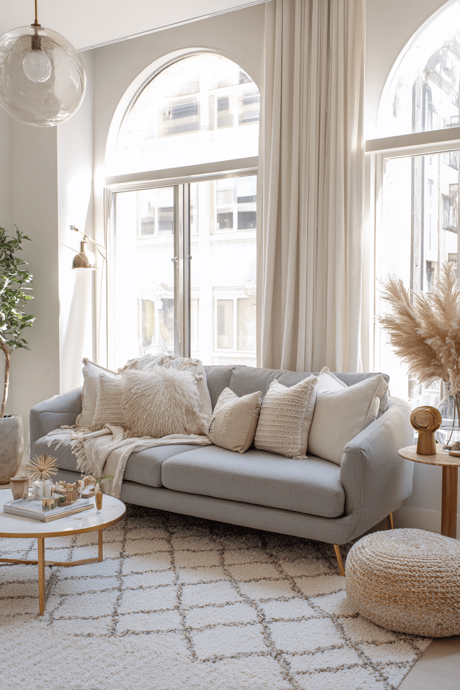 Graues Sofa mit Kissen, beigem Dekoteppich und Wohnaccessoires im gemütlichen Wohnzimmer