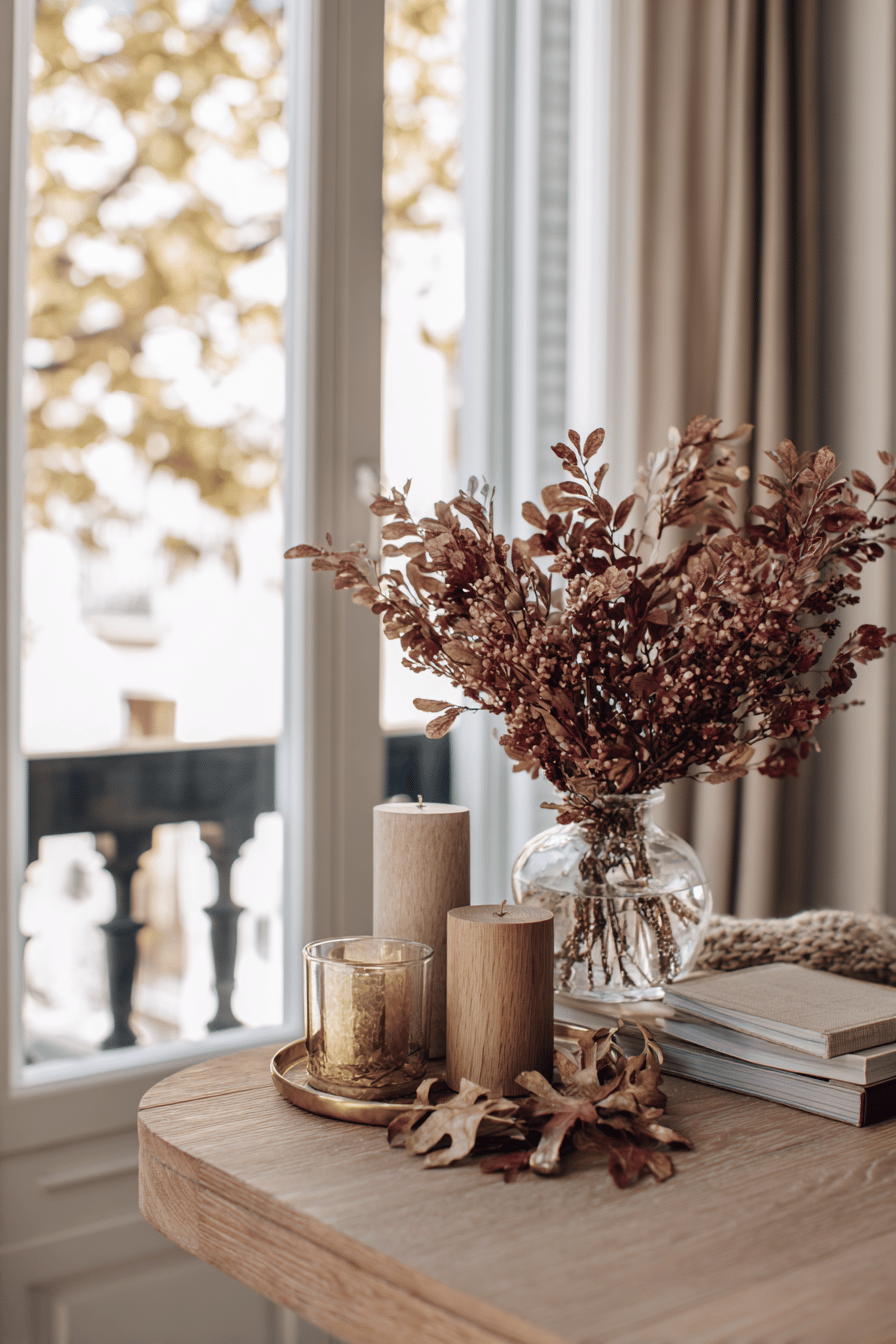 Drei Kerzenhalter mit herbstlichem Blätterschmuck auf einem Tisch neben einem Trockenstrauß