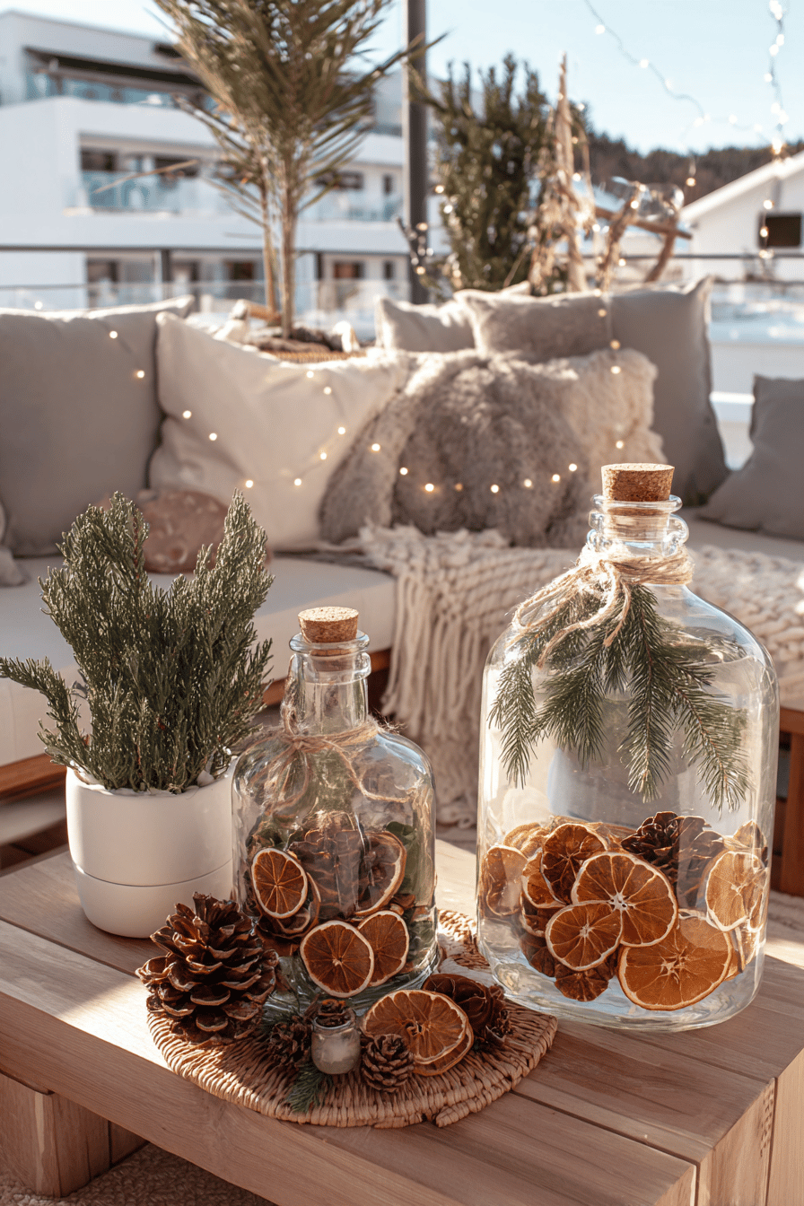 Zwei große Glasflaschen mit getrockneten Orangenscheiben und Tannenzweigen als Winterdeko auf einer Terrasse