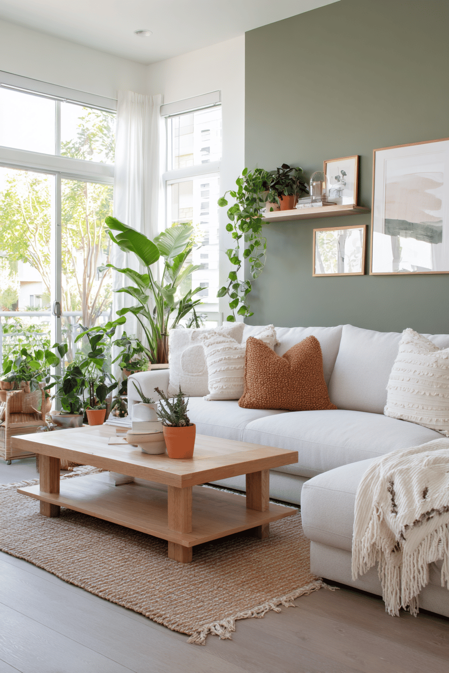 Modernes Wohnzimmer mit grüner Akzentwand, beiger Couch und vielen Zimmerpflanzen