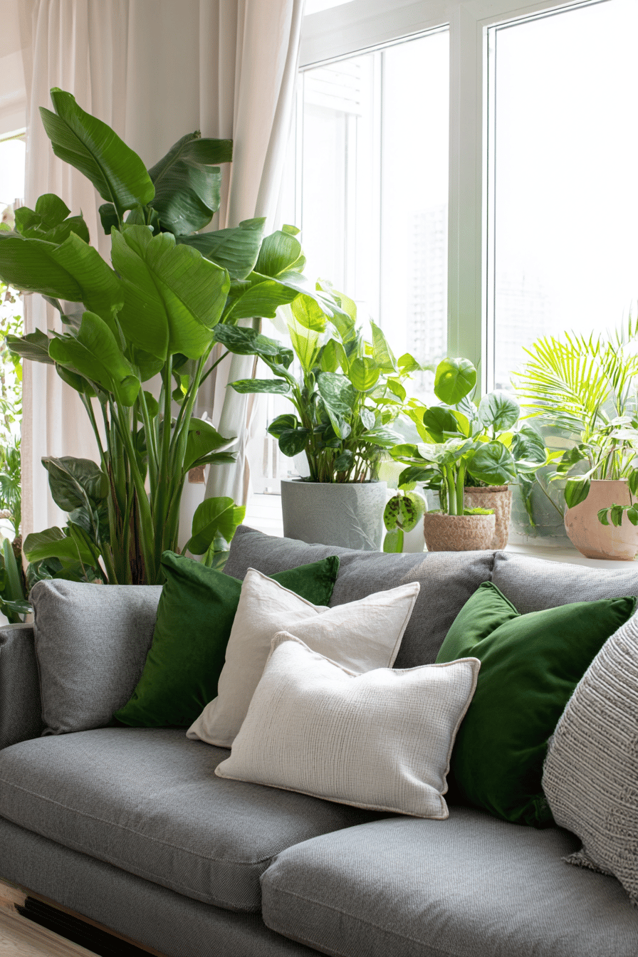 Graues Sofa mit Deko-Kissen und vielen grünen Zimmerpflanzen am Fenster