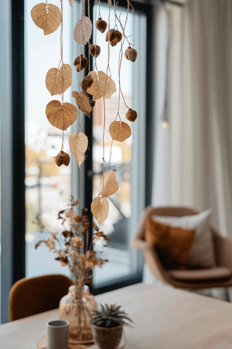 Natürliche Herbstdeko aus getrockneten Blättern und Kastanien am Faden