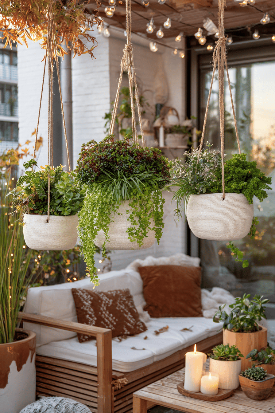 Winterlich bepflanzte Hängekörbe auf gemütlich dekorierter Terrasse