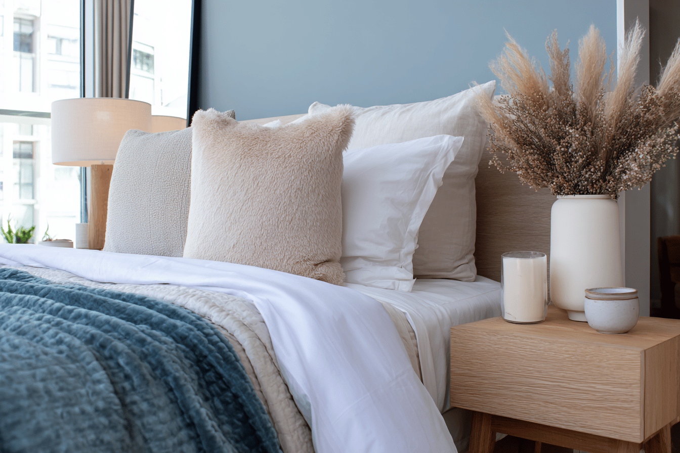 modernes Schlafzimmer mit petrolfarbener Decke und Naturtönen