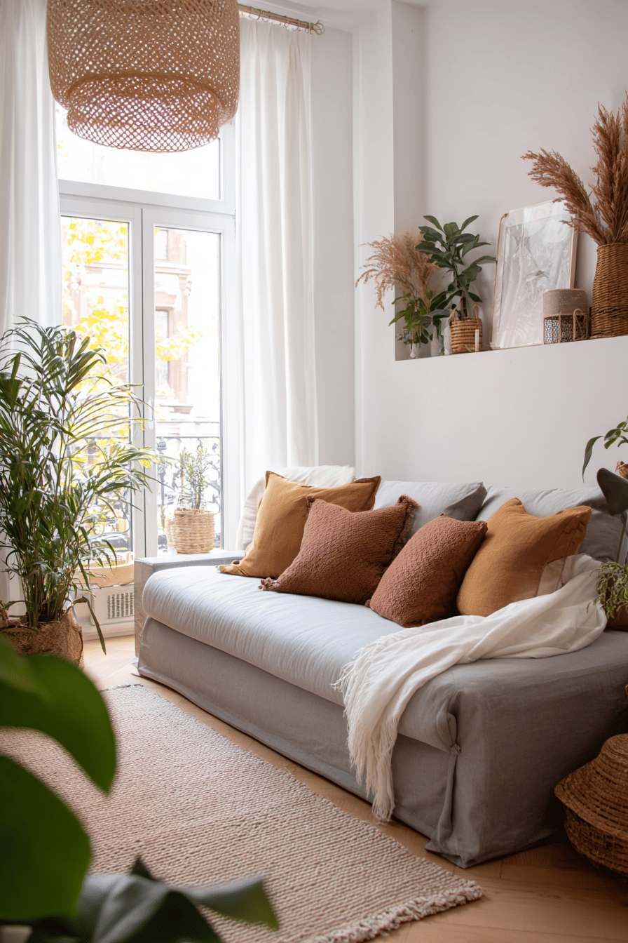 Graues Sofa mit warmen Kissen, Pflanzen und natürlichen Tönen im Wohnzimmer