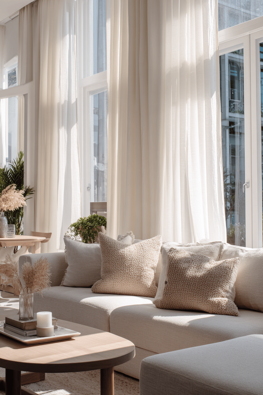Graues Sofa vor großen Fenstern mit hellen, fließenden Vorhängen