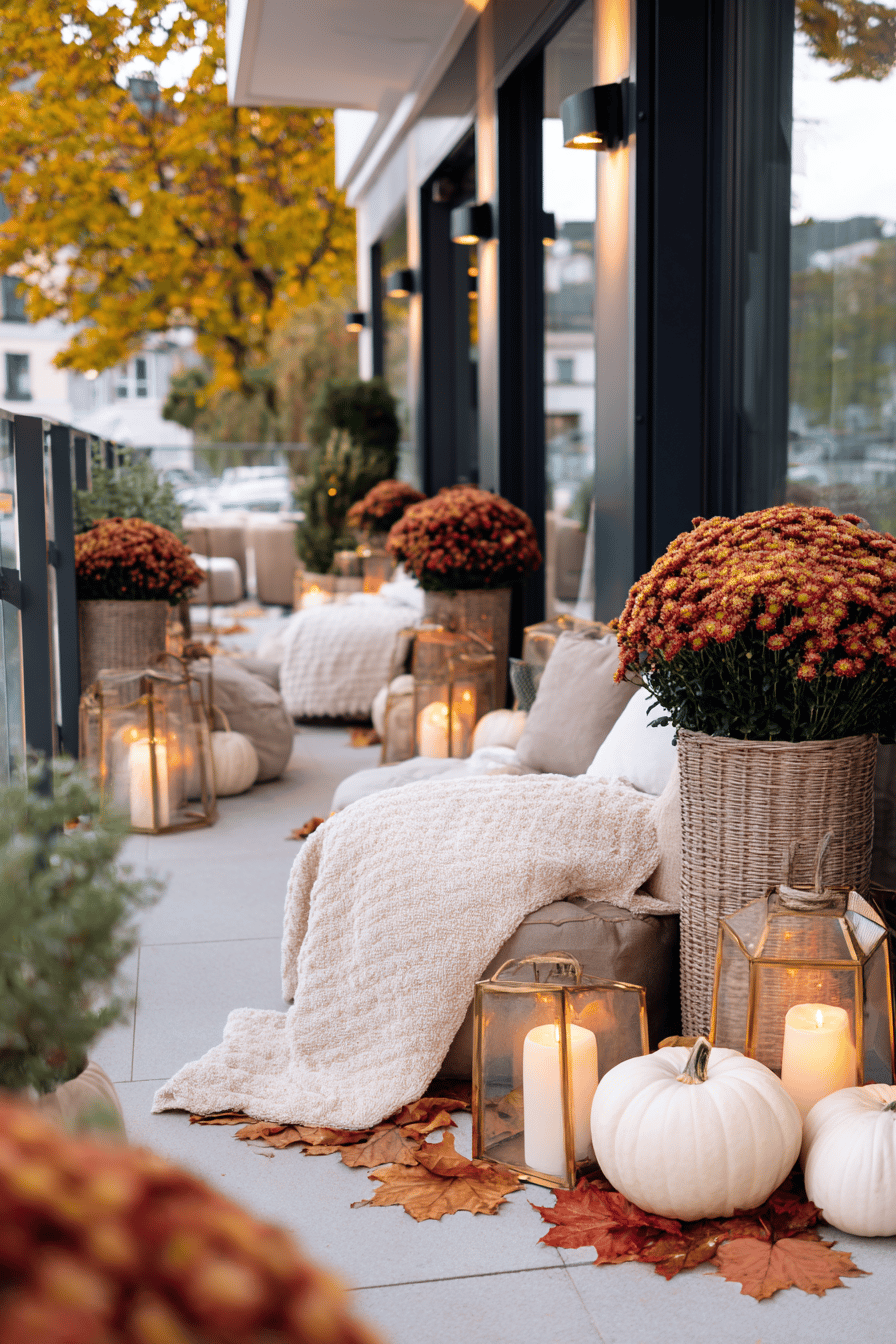 Herbstlich dekorierte Terrasse mit Chrysanthemen, Kürbissen und Laternen