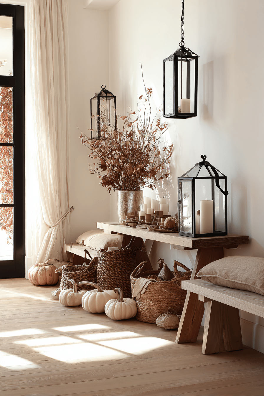 Herbstlich dekorierter Eingangsbereich mit großen Laternen, weißen Kürbissen und Trockenblumen