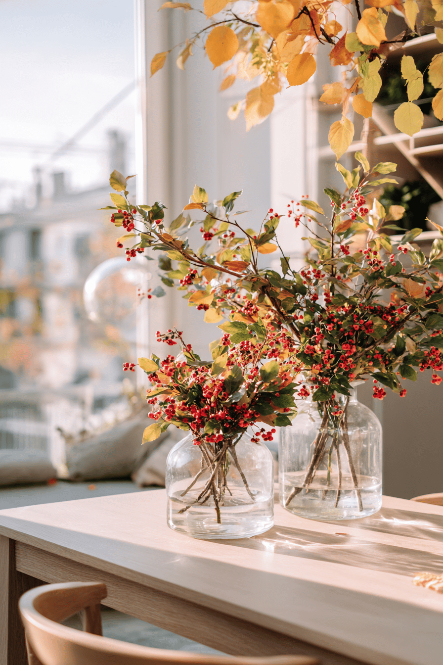 Zwei Glasvasen mit roten Beerenzweigen auf einem hellen Holztisch am Fenster