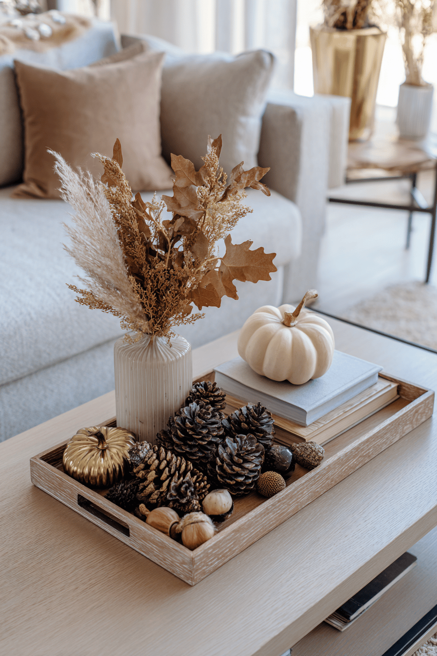 Holztablett mit Kürbis, Zapfen und Trockenblumen auf Couchtisch dekoriert