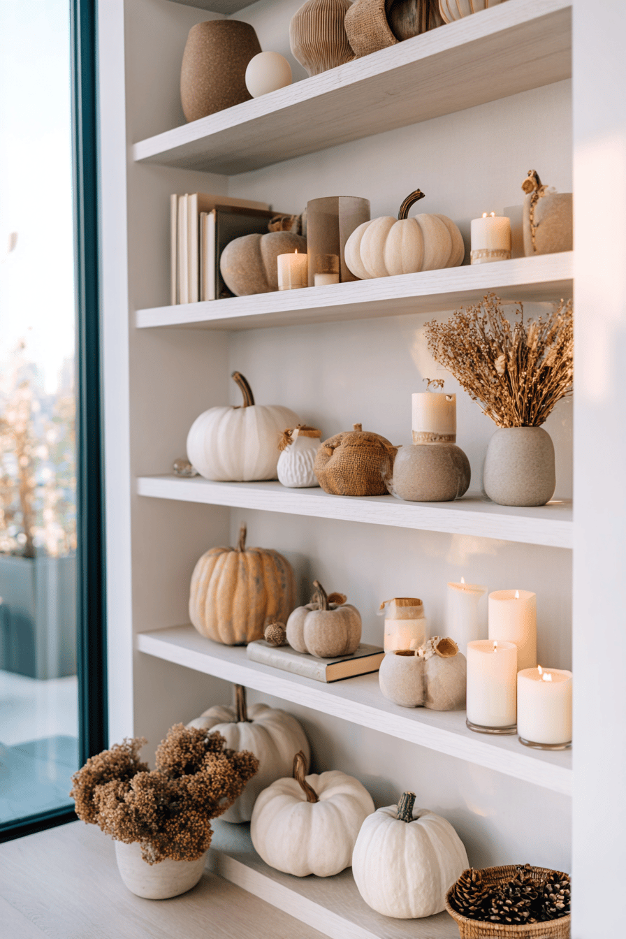 Herbstlich dekorierte weiße Regalbretter mit Kürbissen, Trockenblumen und Teelichtern