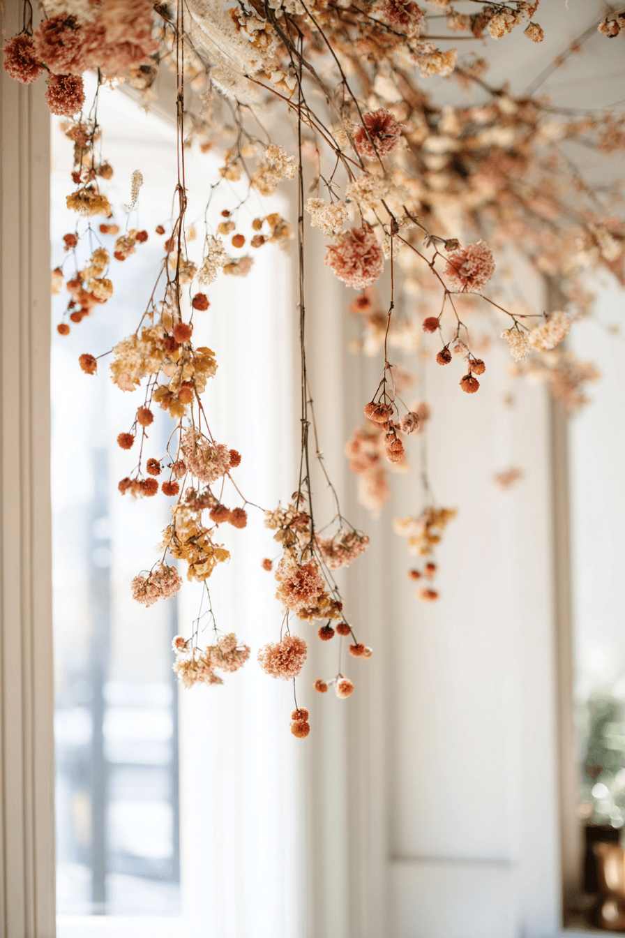 Hängende Girlanden aus zarten Trockenblumen und Beeren vor einem hellen Fenster