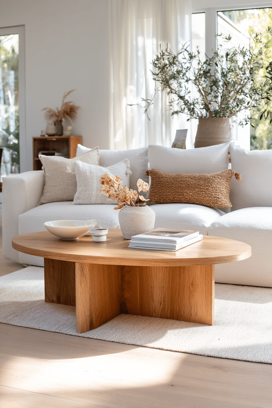 Runder Holz-Couchtisch auf hellem Teppich in skandinavischem Wohnzimmer