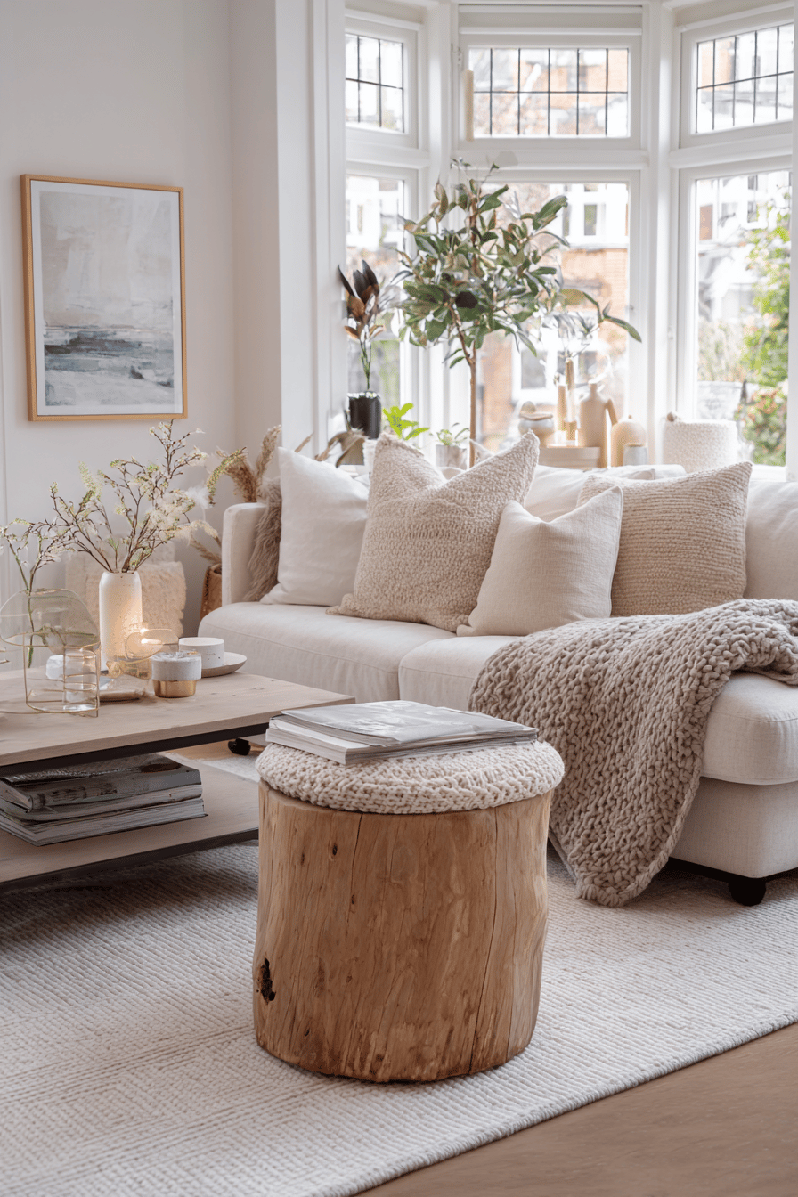 Rustikaler Holzschemel mit gestricktem Polster in hell skandinavisch eingerichtetem Wohnzimmer
