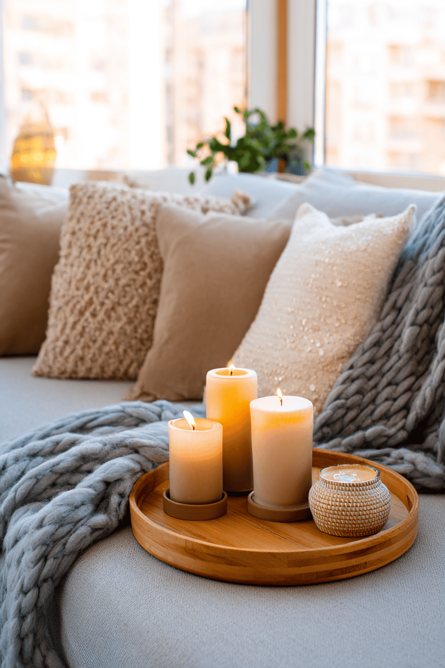Brennende Kerzen auf einem Holztablett auf grauem Sofa mit Kissen und Strickdecke
