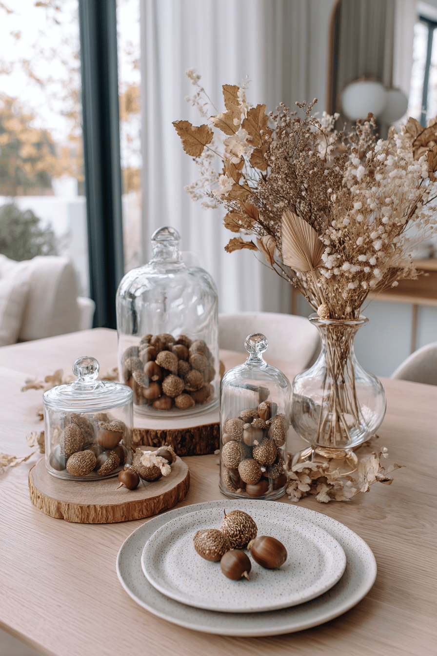 Herbstliche Deko mit Kastanien in Glasglocken und auf Tellern arrangiert