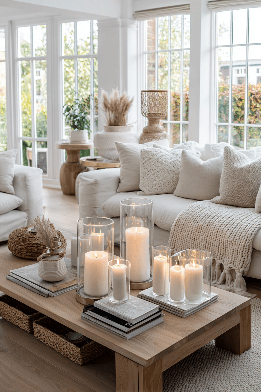 Skandinavisches Wohnzimmer mit vielen weißen Kerzen in Gläsern auf einem Holztisch