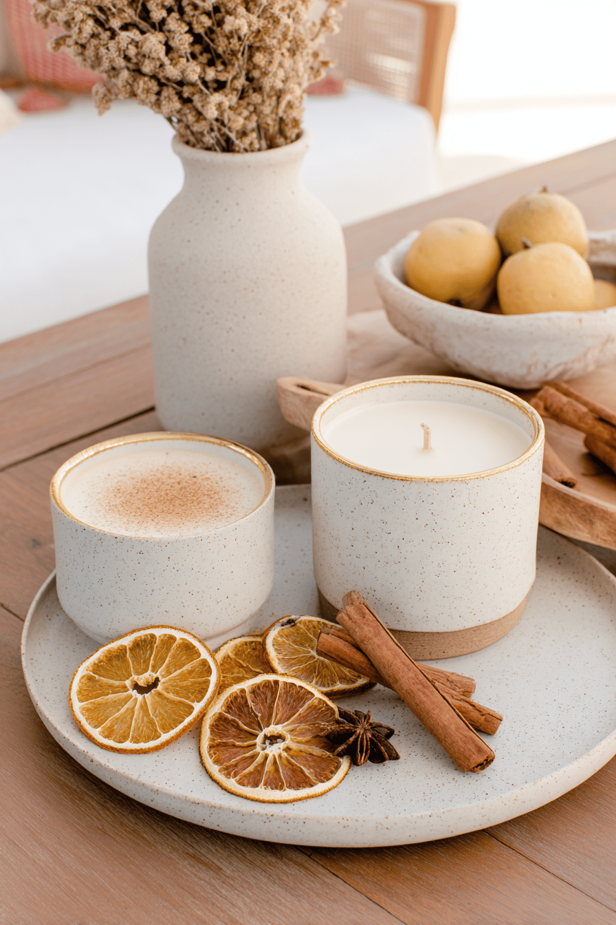 Zwei Kerzen in neutralen Tassen mit getrockneten Orangen, Zimtstangen und einer Vase mit Trockenblumen