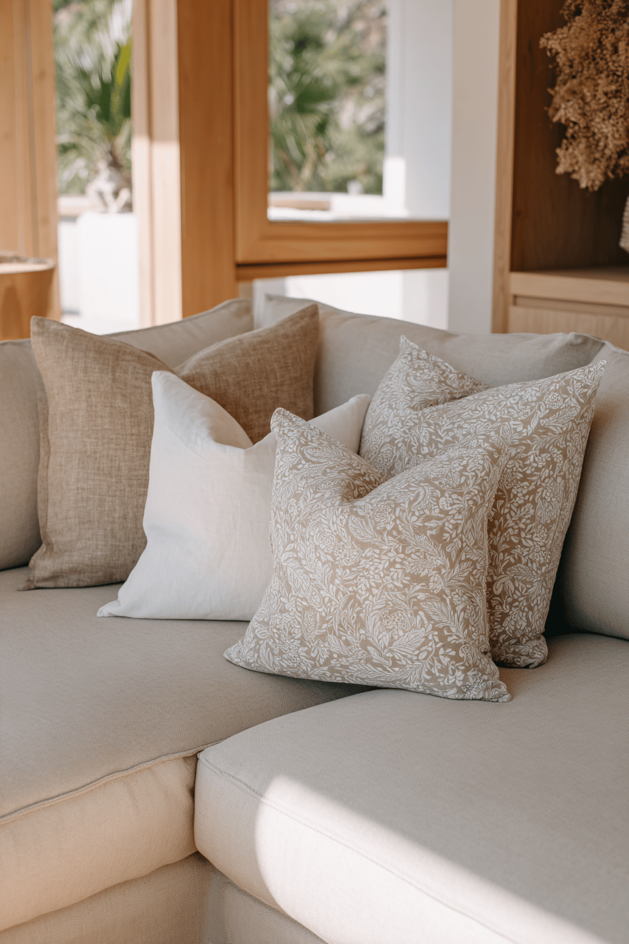 Helle Sofaecke mit gemusterten und einfarbigen beigefarbenen Kissen