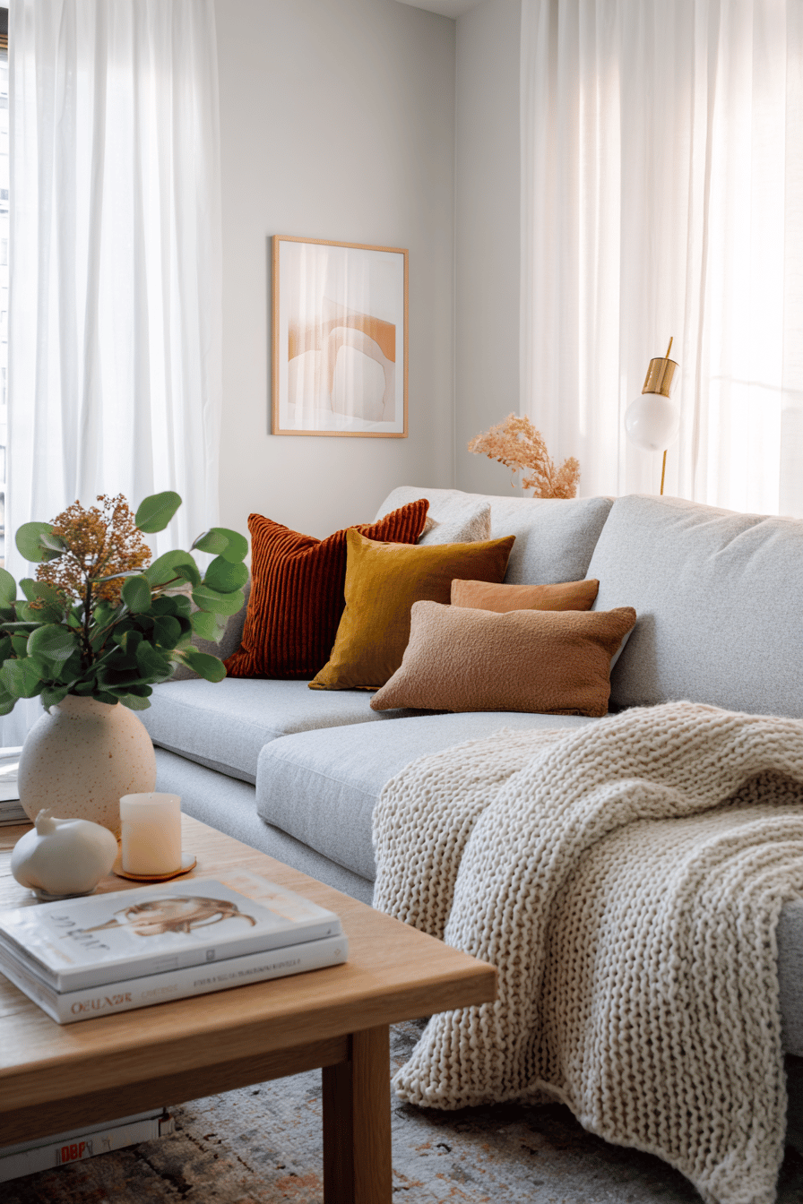 Graues Sofa mit gemütlichen Kissen in warmen Naturtönen und grober Strickdecke