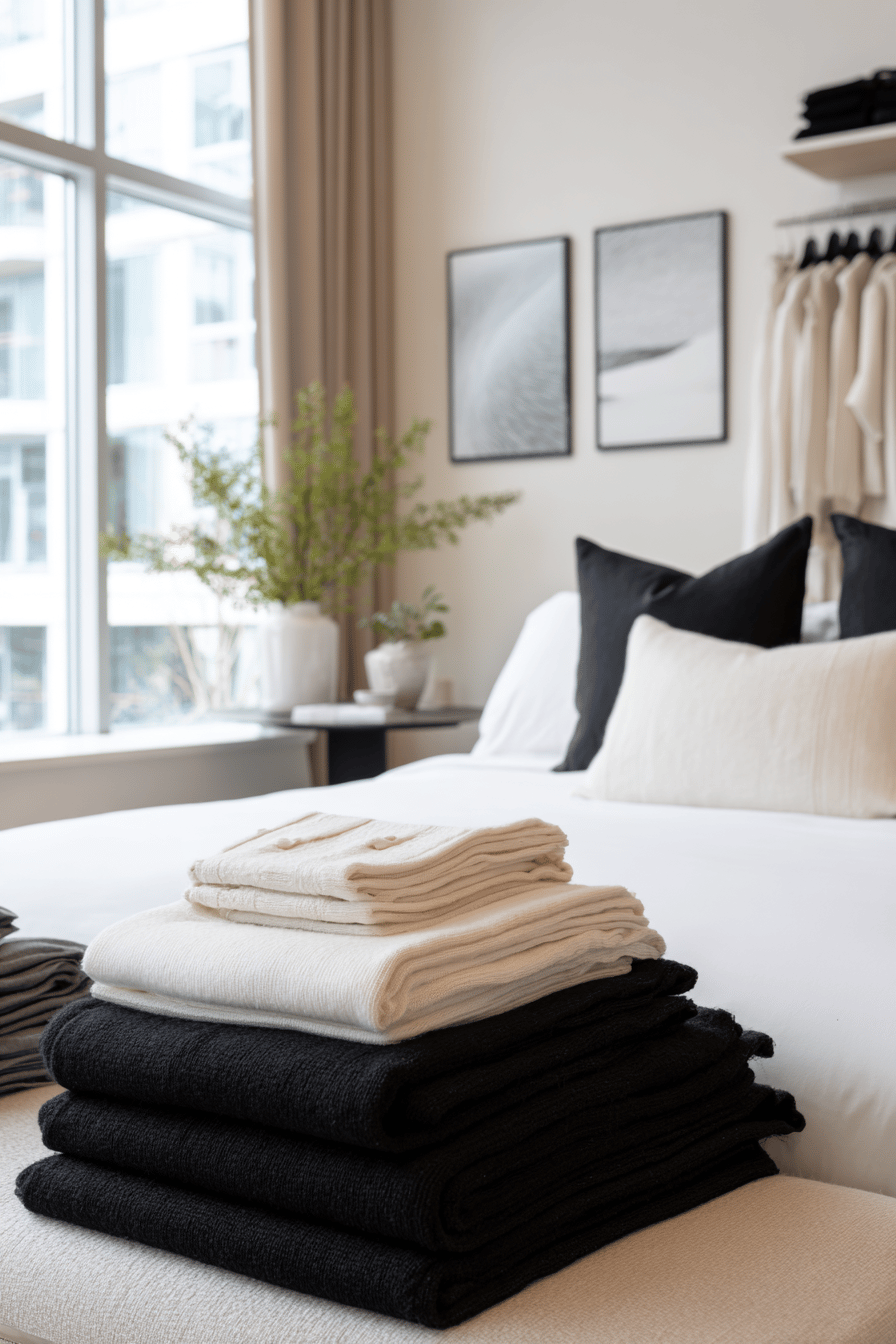 Gefaltete schwarze und weiße Decken vor einem stilvollen Kleiderschrank im Schlafzimmer