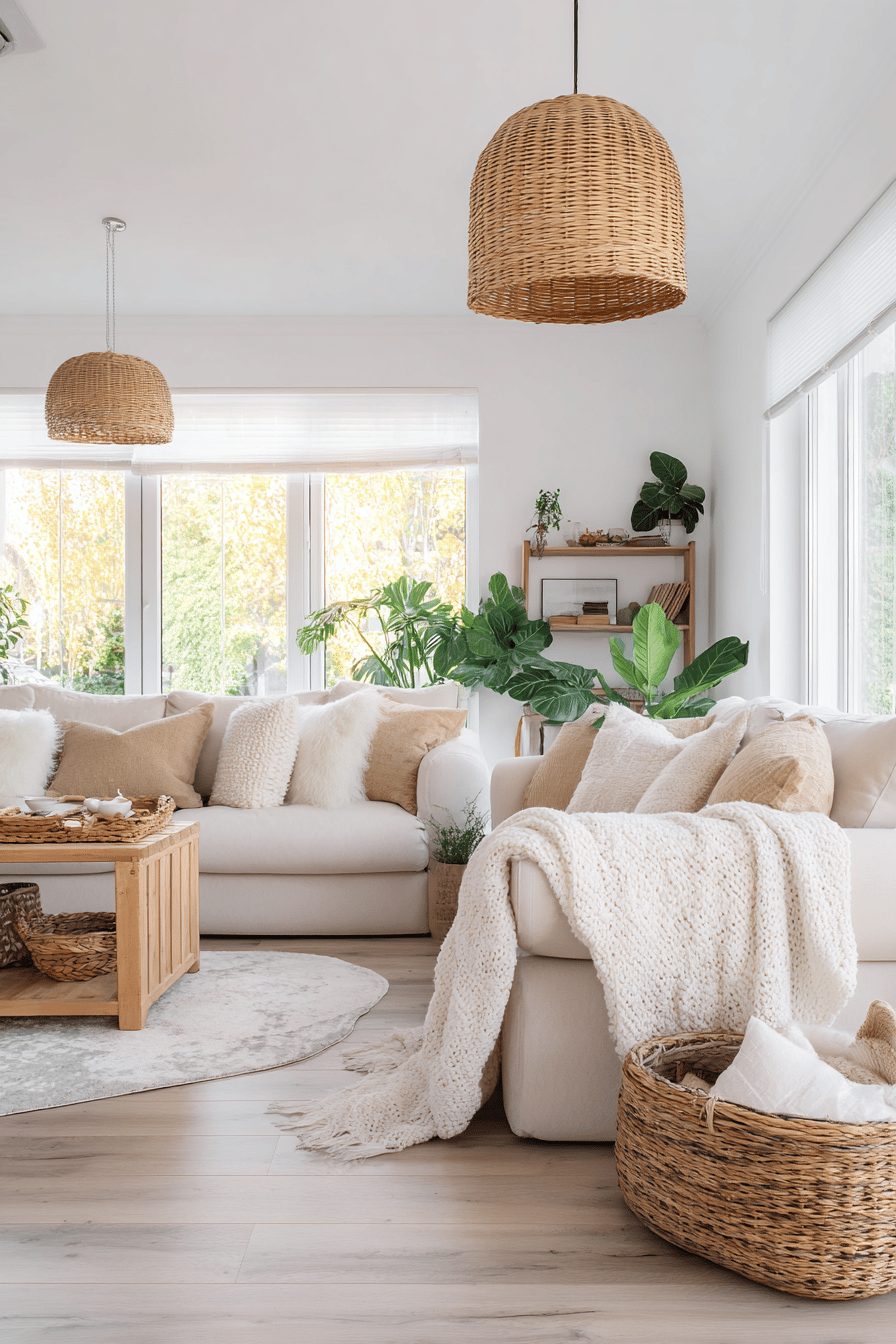 Helles skandinavisches Wohnzimmer mit Sofas, Decken und Rattankörben