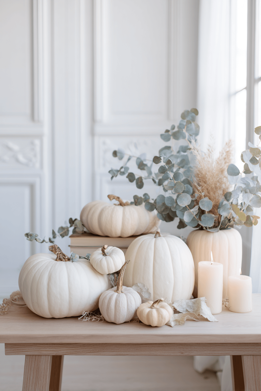 Helle Kürbisse auf einem Holztisch mit Trockenblumen und Kerzen