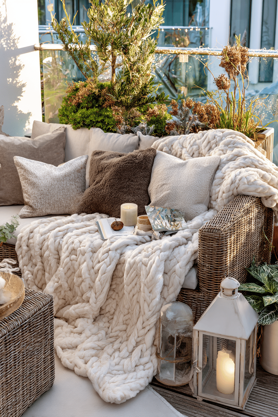 Geflochtene Kuscheldecke auf Rattan-Gartenmöbeln mit Kissen und Windlichtern
