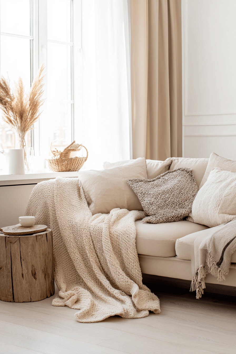 Beiger Strickplaid auf einem skandinavischen Sofa mit neutralen Kissen und Naturdeko