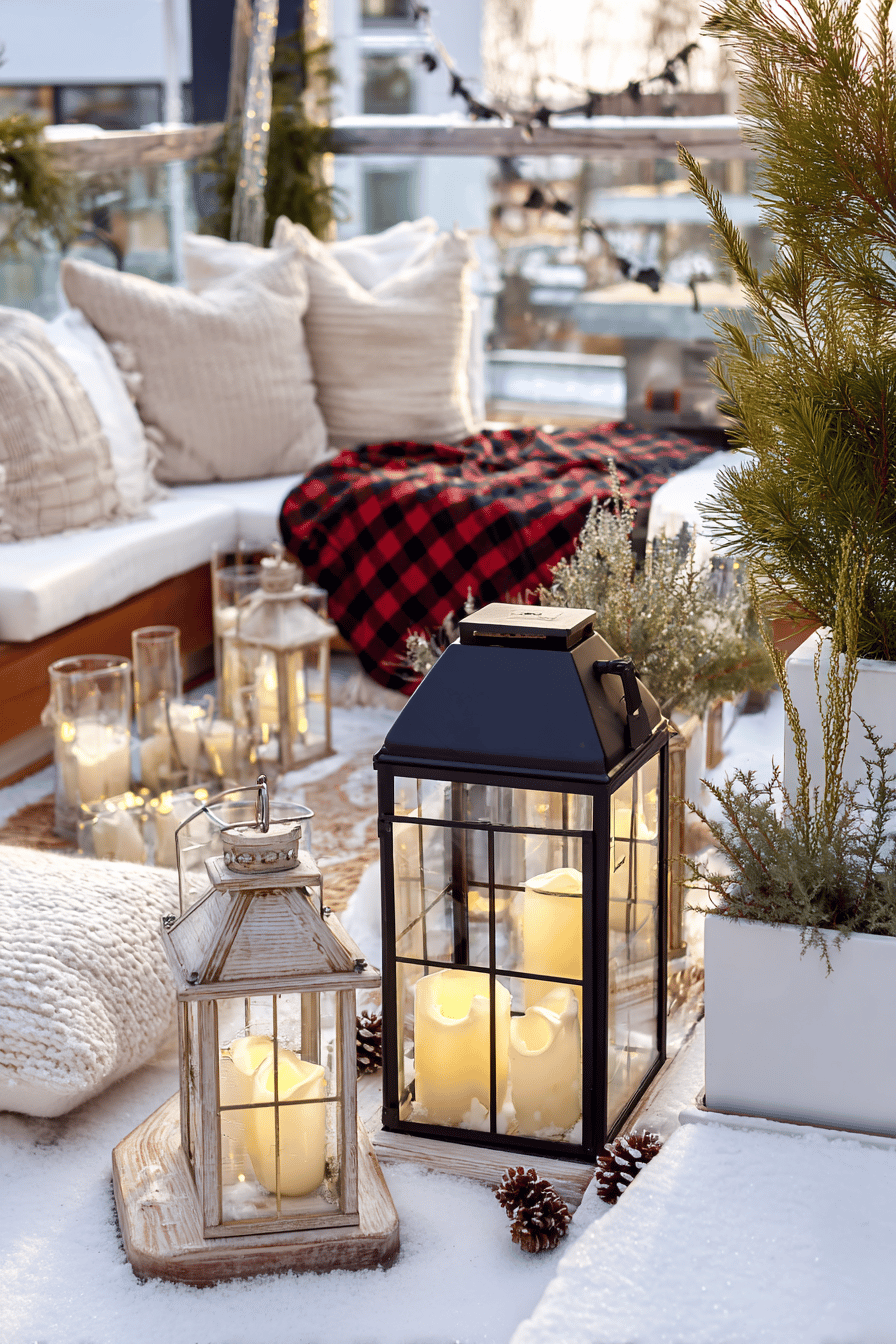 Winterlich dekorierte Terrasse mit Kerzenlaternen im Schnee