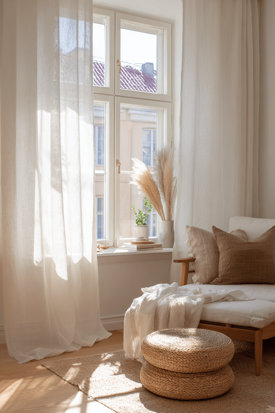 Helles Wohnzimmer mit beigen Leinen-Gardinen, Sonnenlicht und Naturdeko