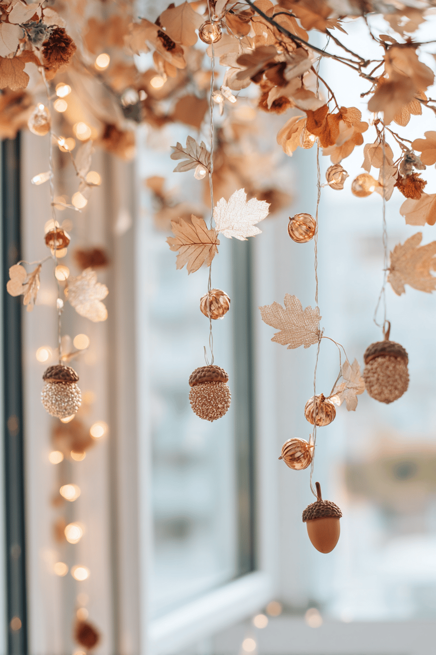 Leuchtende Herbstdekoration mit goldenen Blättern und Eicheln an einer Lichterkette