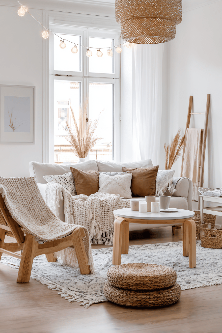 Skandinavisches Wohnzimmer mit Lichterkette, Naturmaterialien und neutralen Farben