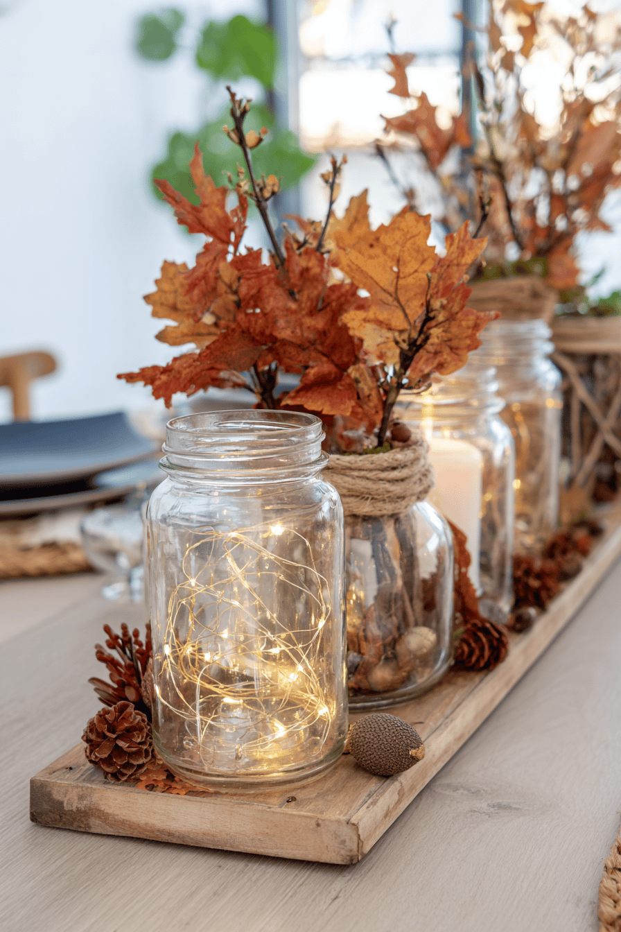 Herbstliche Tischdeko mit beleuchteten Gläsern, Laub und Naturmaterialien