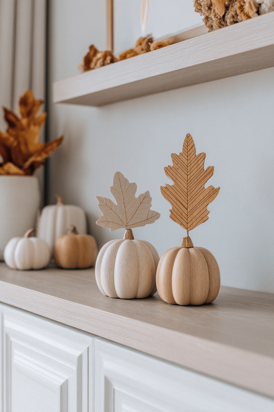 Herbstdeko mit Kürbisfiguren aus Holz und Blattaufsätzen