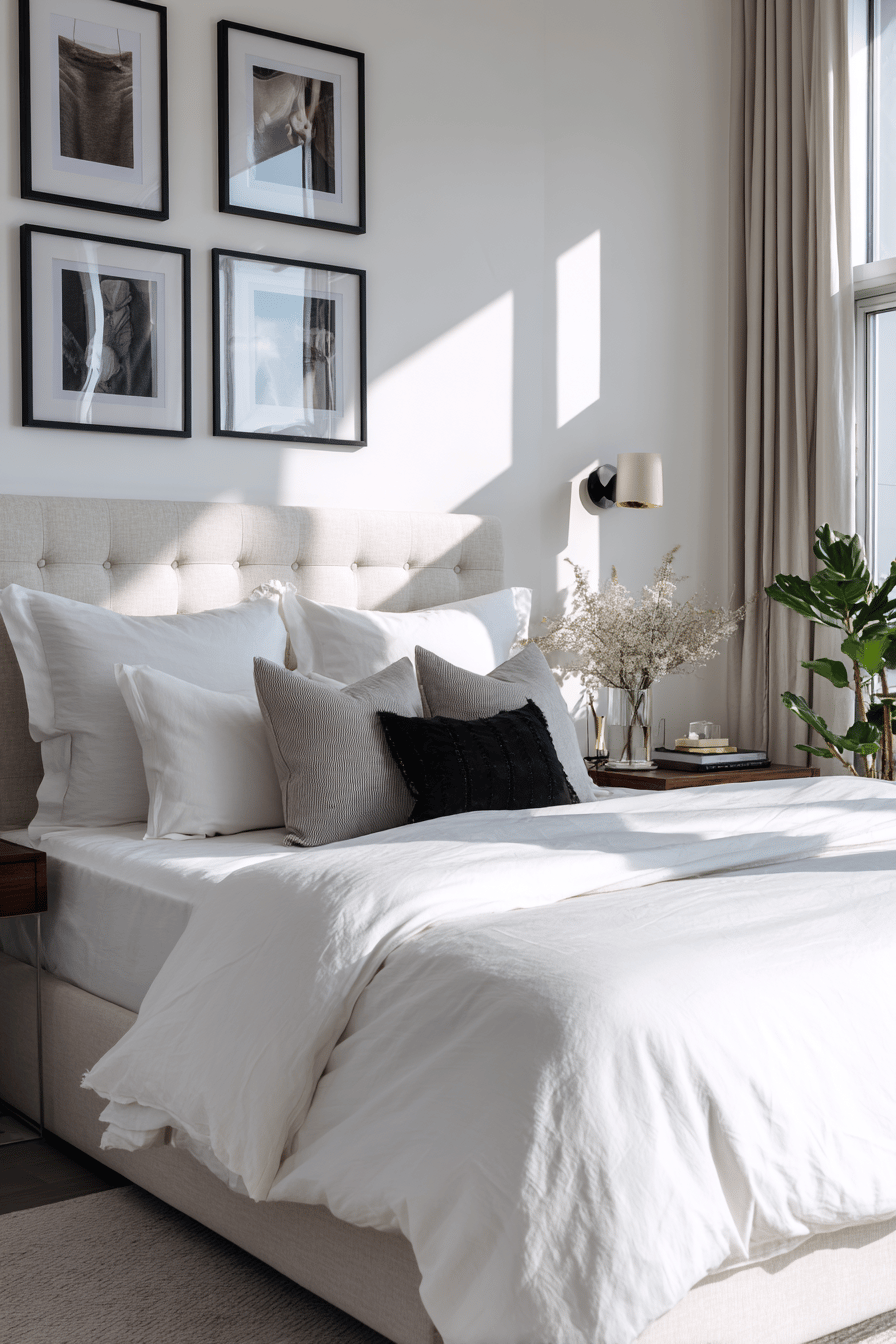 Modernes Schlafzimmer mit schwarz-weißen Wandbildern über einem hellen Bett