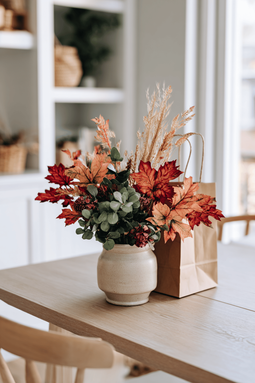 Herbstliches Gesteck mit roten Blättern und Getreide in einem Tontopf auf einem Holztisch