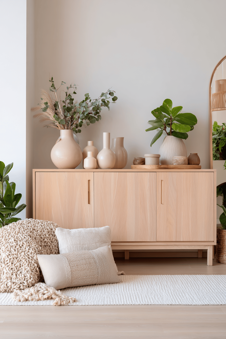Skandinavisches Sideboard aus hellem Naturholz mit Vasen, Pflanzen und Textilien dekoriert