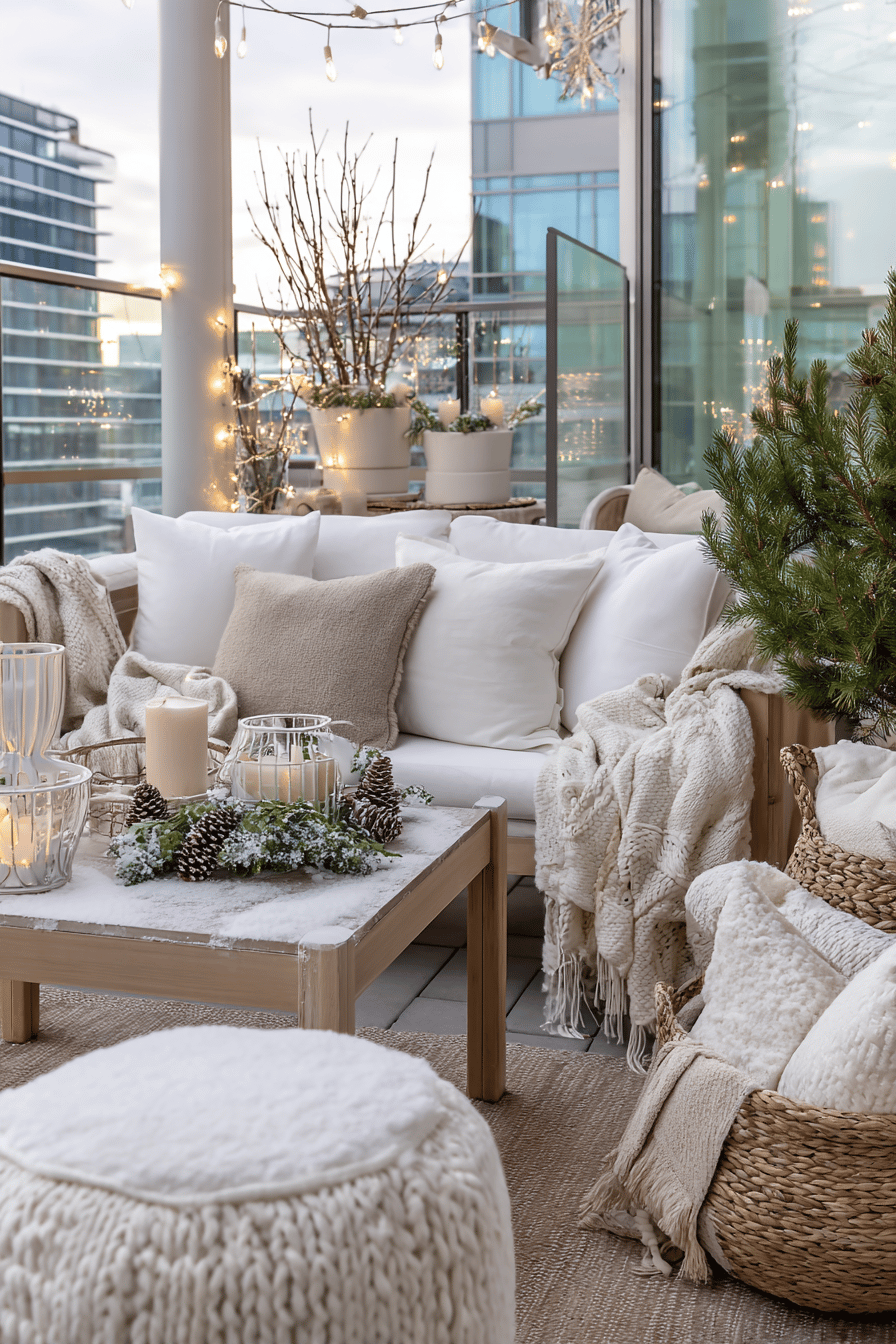 Winterlich dekorierte Terrasse mit gemütlichen Kissen, Kerzen und Adventskranz