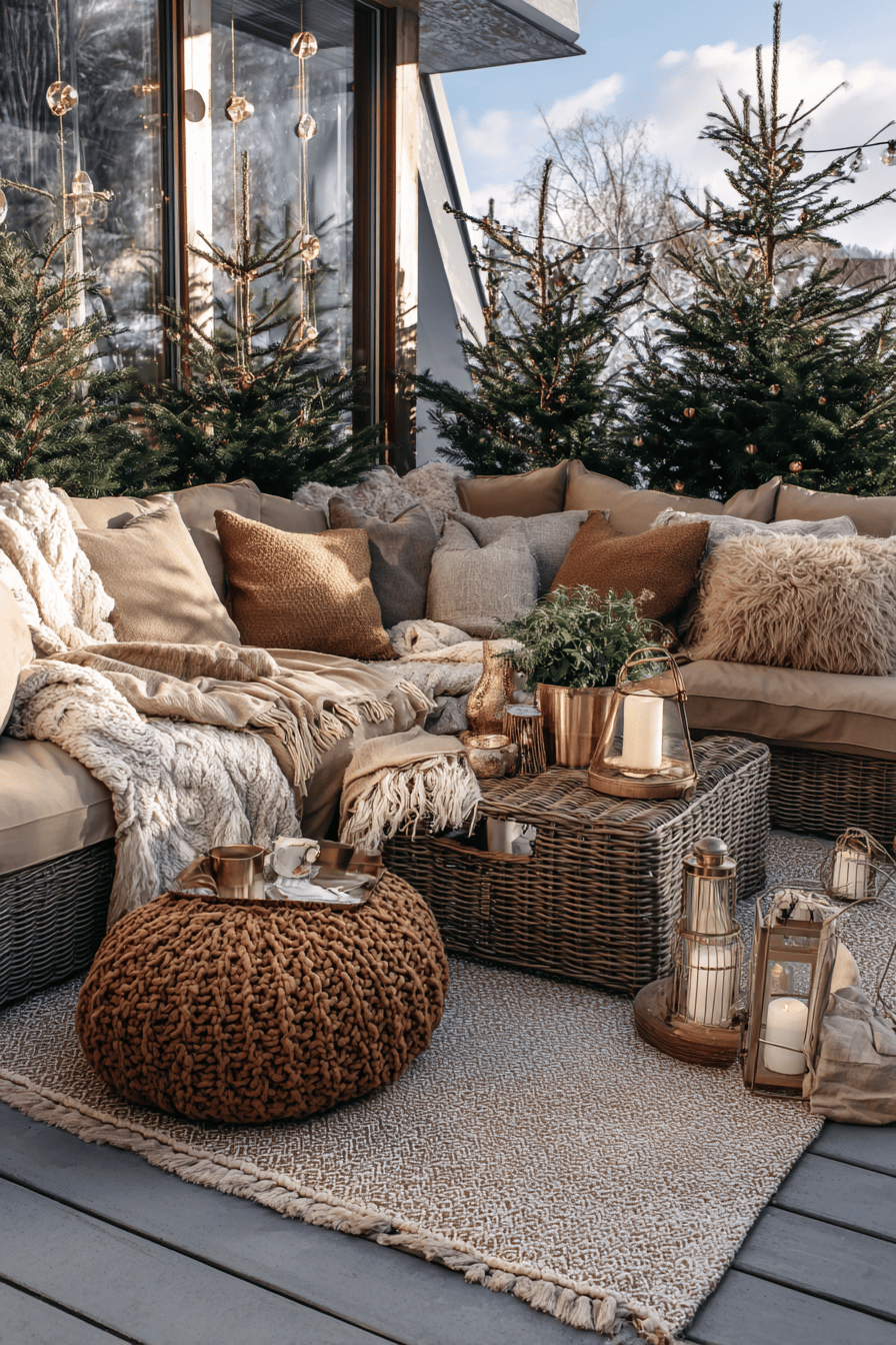 Gemütliche Winterterrasse mit Teppichen in warmen Farben und stimmungsvoller Deko