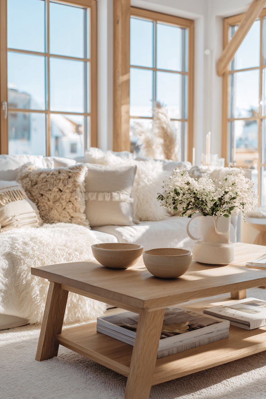 Zwei Keramikschalen auf einem hellen Holztisch im skandinavischen Wohnzimmer