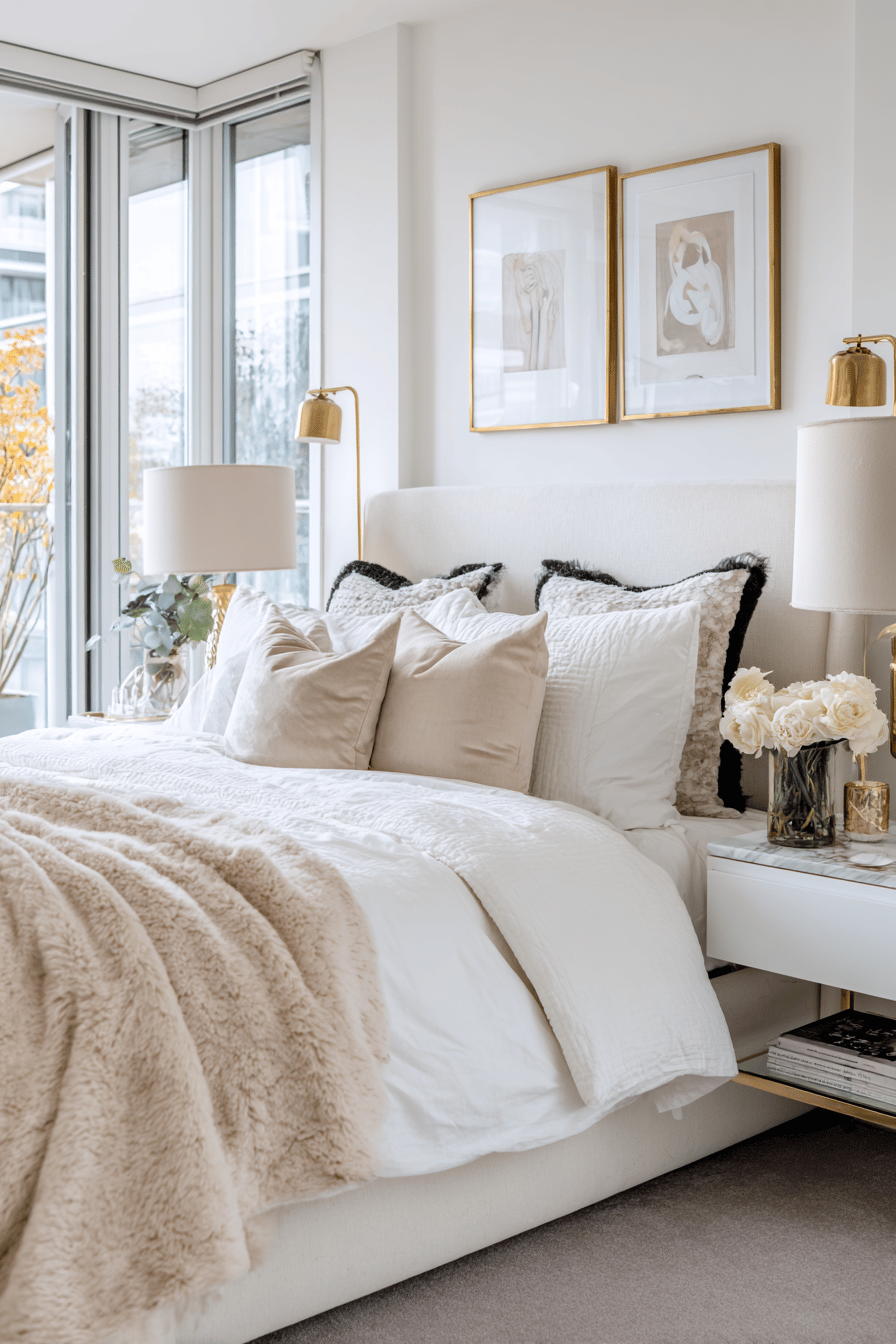 Modernes Schlafzimmer in Schwarz-Weiß mit goldenen Details und weicher Bettwäsche