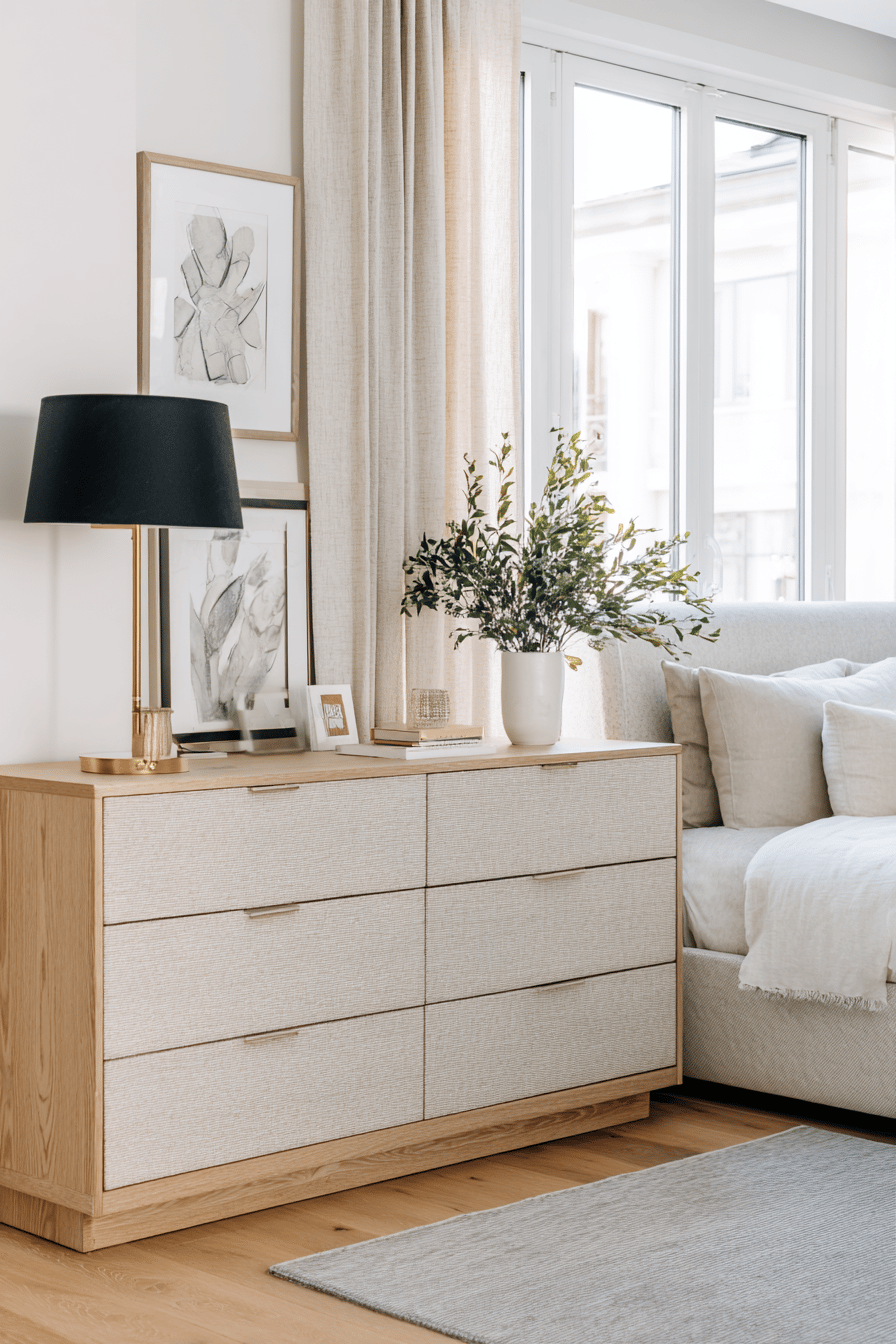 Helles Sideboard mit Deko und schwarzer Lampe im schwarz-weiß gestalteten Schlafzimmer