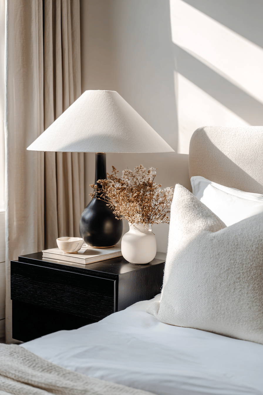 Schwarzer Nachttisch mit Deko in neutralen Tönen neben einem hellen Bett