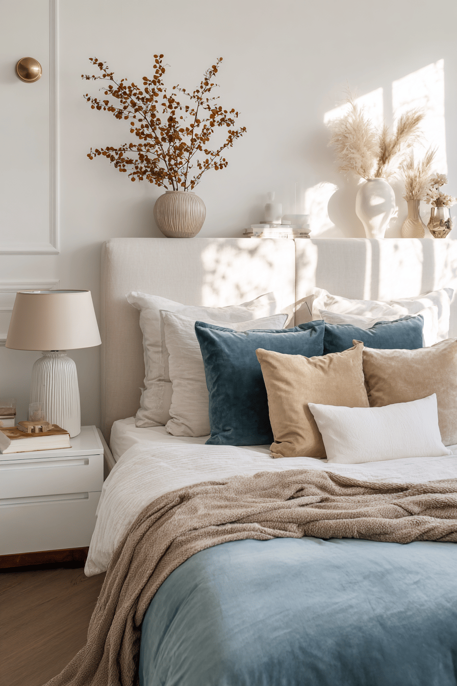 Gemütliches Schlafzimmer mit petrolfarbenen und beigen Kissen auf einem Bett vor hellem Hintergrund