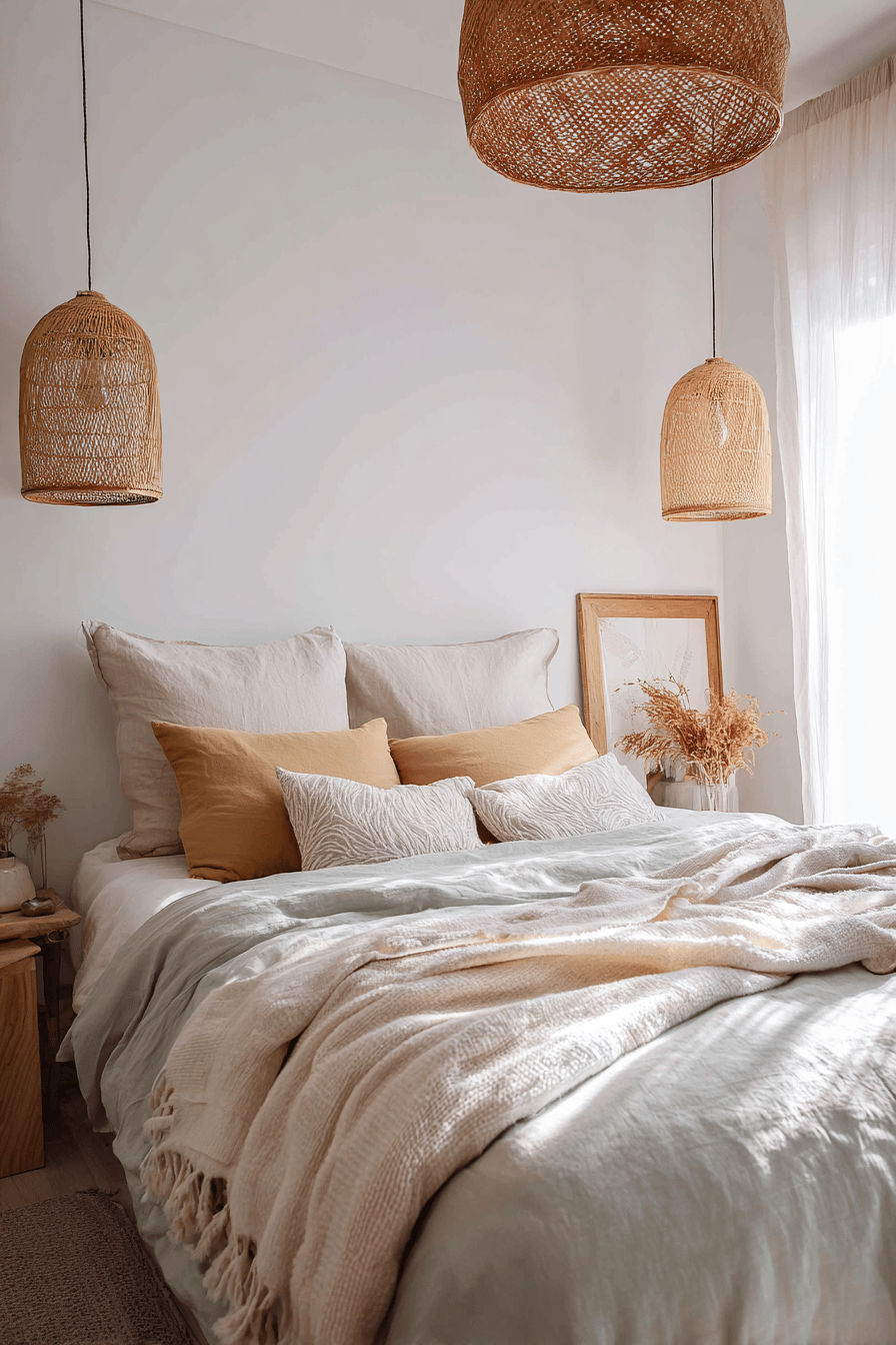 Ein Schlafzimmer mit hellen Textilien, beigefarbenen Kissen und geflochtenen Hängelampen in Naturtönen